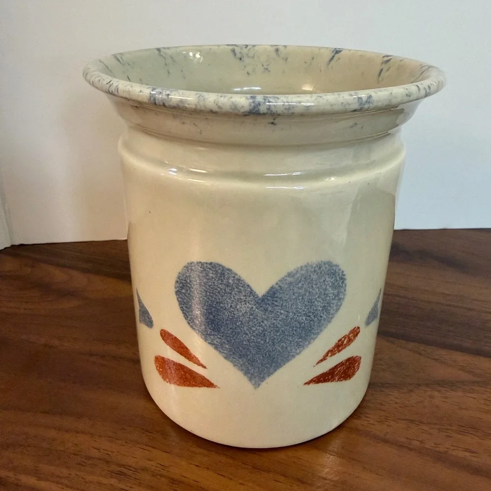 Vintage Farmhouse Stoneware Crock Blue Heart Sponge Rim Utensil Holder Cottage